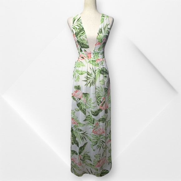 Boohoo Green White&Pink Tropical Vacation Cruise Pool Beach CoverUp Maxi Dress,S - Picture 5 of 13